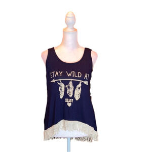 SAY ANYTHING “Stay Wild At Heart” Dark Blue w/ Crotchet Fringe Tank Top Size M
